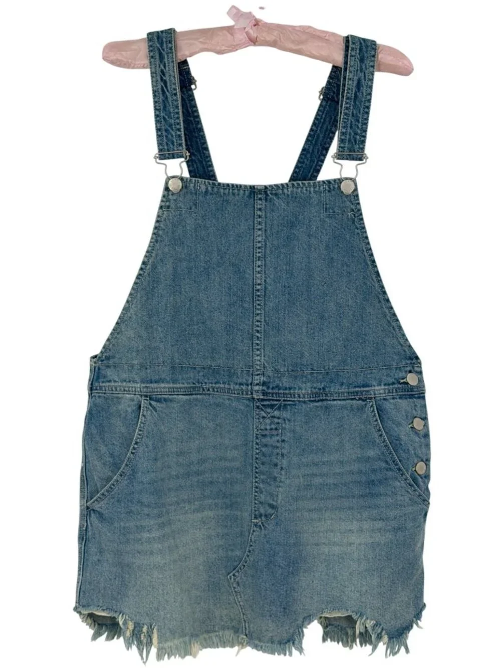 NWOT Free People Distressed Denim Overall Mini Skirt 12/L | Indie Sleaze Grunge - Picture 14 of 16